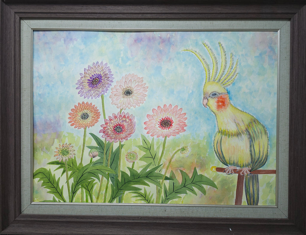 4. 鸚鵡賞花 原創花鳥水彩畫 藝術畫 裝飾畫 Parrot and Flower Field Original Watercolor Painting Wall Painting Wall Decoration