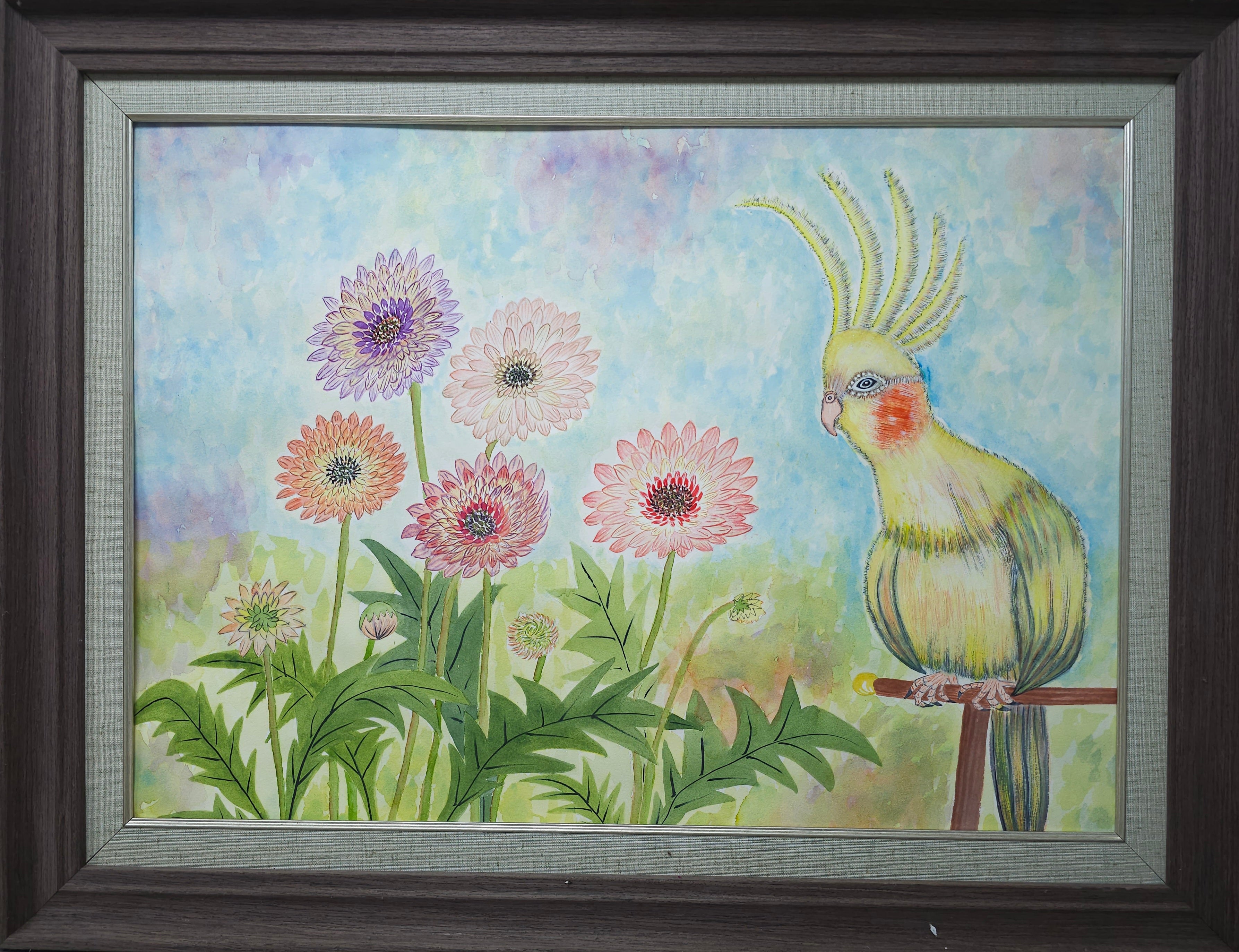 3. 鸚鵡賞花 原創花鳥水彩畫 藝術畫 裝飾畫 Parrot and Flower Field Original Watercolor Painting Wall Painting Wall Decoration