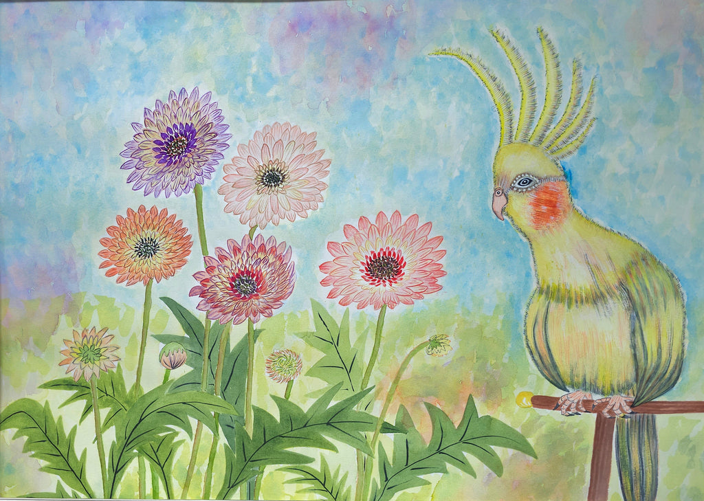 4. 鸚鵡賞花 原創花鳥水彩畫 藝術畫 裝飾畫 Parrot and Flower Field Original Watercolor Painting Wall Painting Wall Decoration