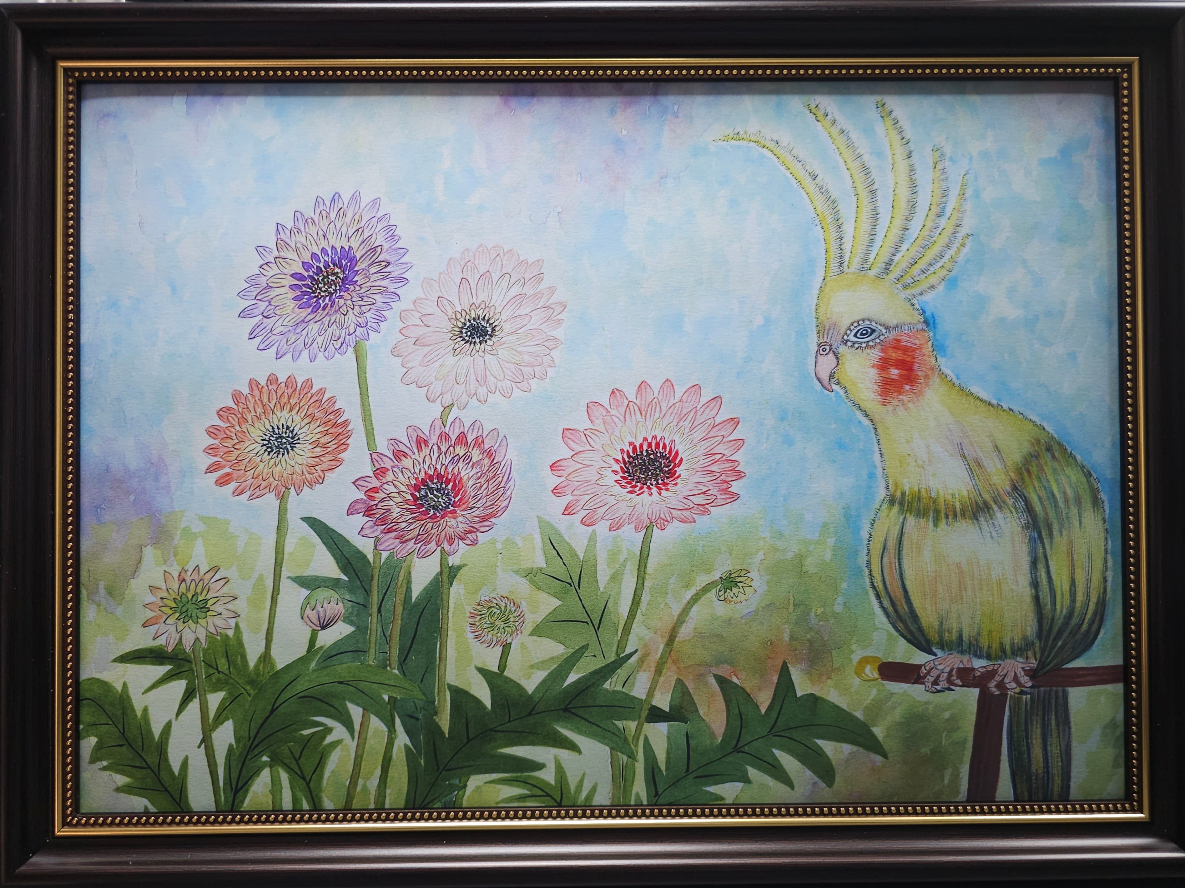 3a. 鸚鵡賞花 A3 藝術微噴 原創花鳥水彩畫 藝術畫 裝飾畫 Giclee Print A3 size Parrot and Flower Field Bird Flower Watercolor Painting Wall Decoration
