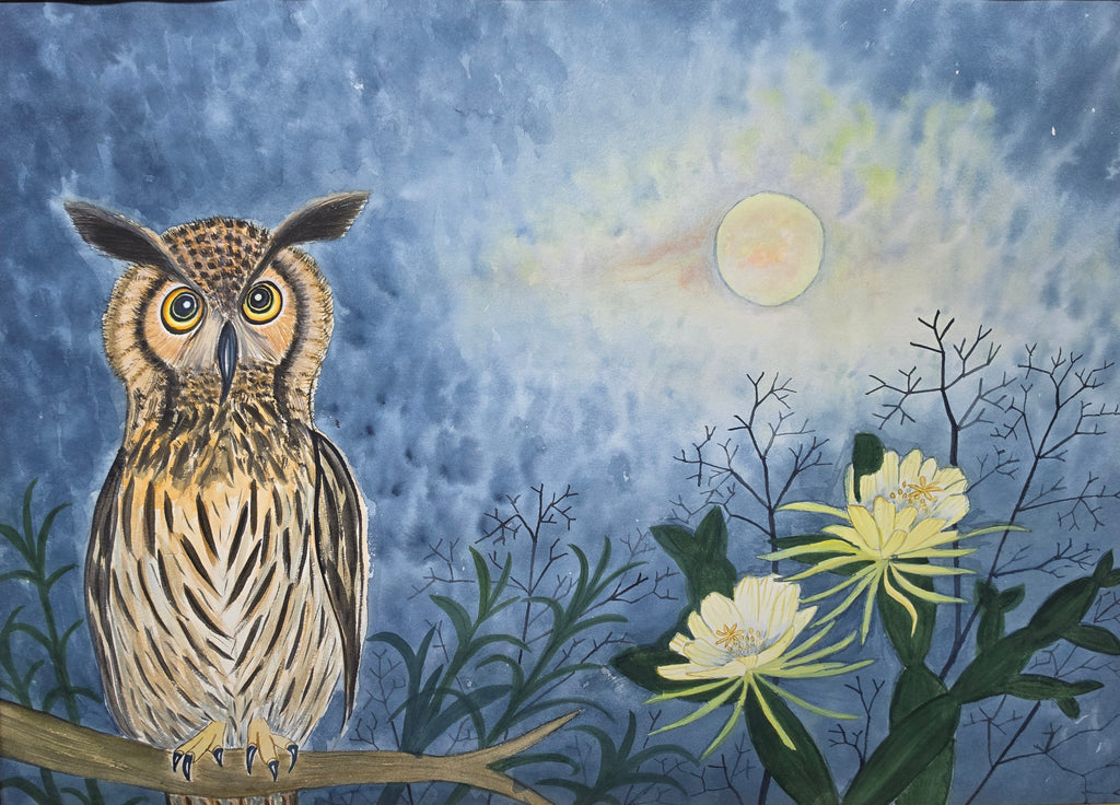 1. 夜不可怕 原創花鳥水彩畫 藝術畫 裝飾畫 Night Without Fear Original Bird Flower Watercolor Painting Wall Decoration