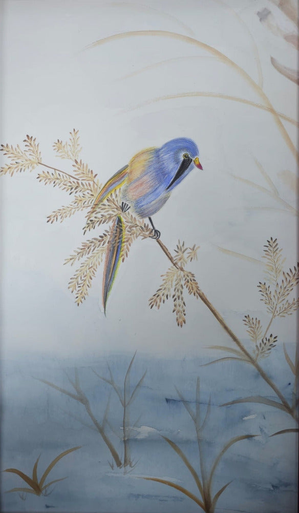 6. 田園小鳥手繪原創花鳥水彩畫 藝術畫 裝飾畫 Grainfield Blue Bird Original Watercolor Painting Wall Painting Wall Decoration
