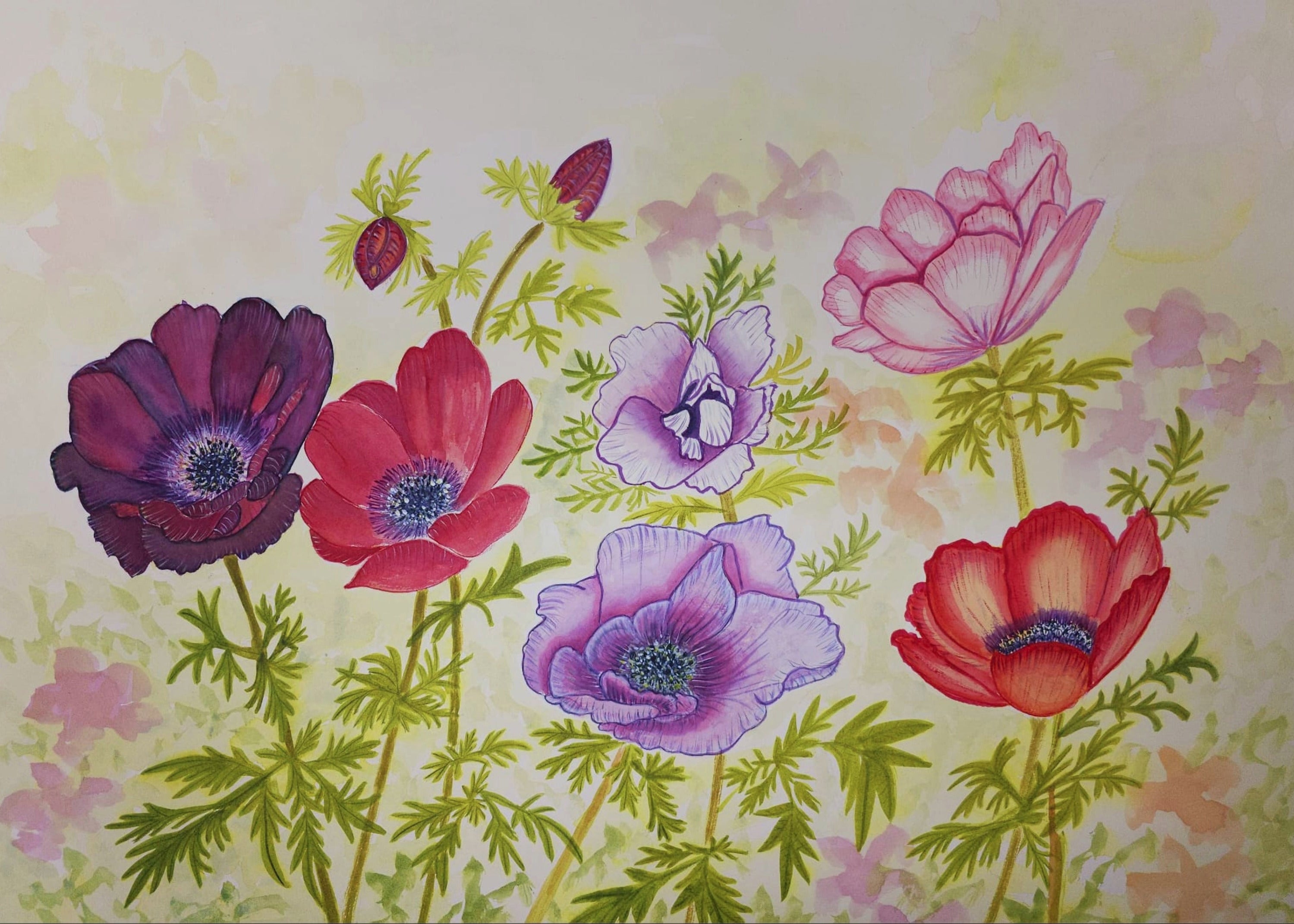 4. 野花田手繪原創花鳥水彩畫 藝術畫 裝飾畫 Wild Flower Field Original Watercolor Painting Wall Painting Wall Decoration