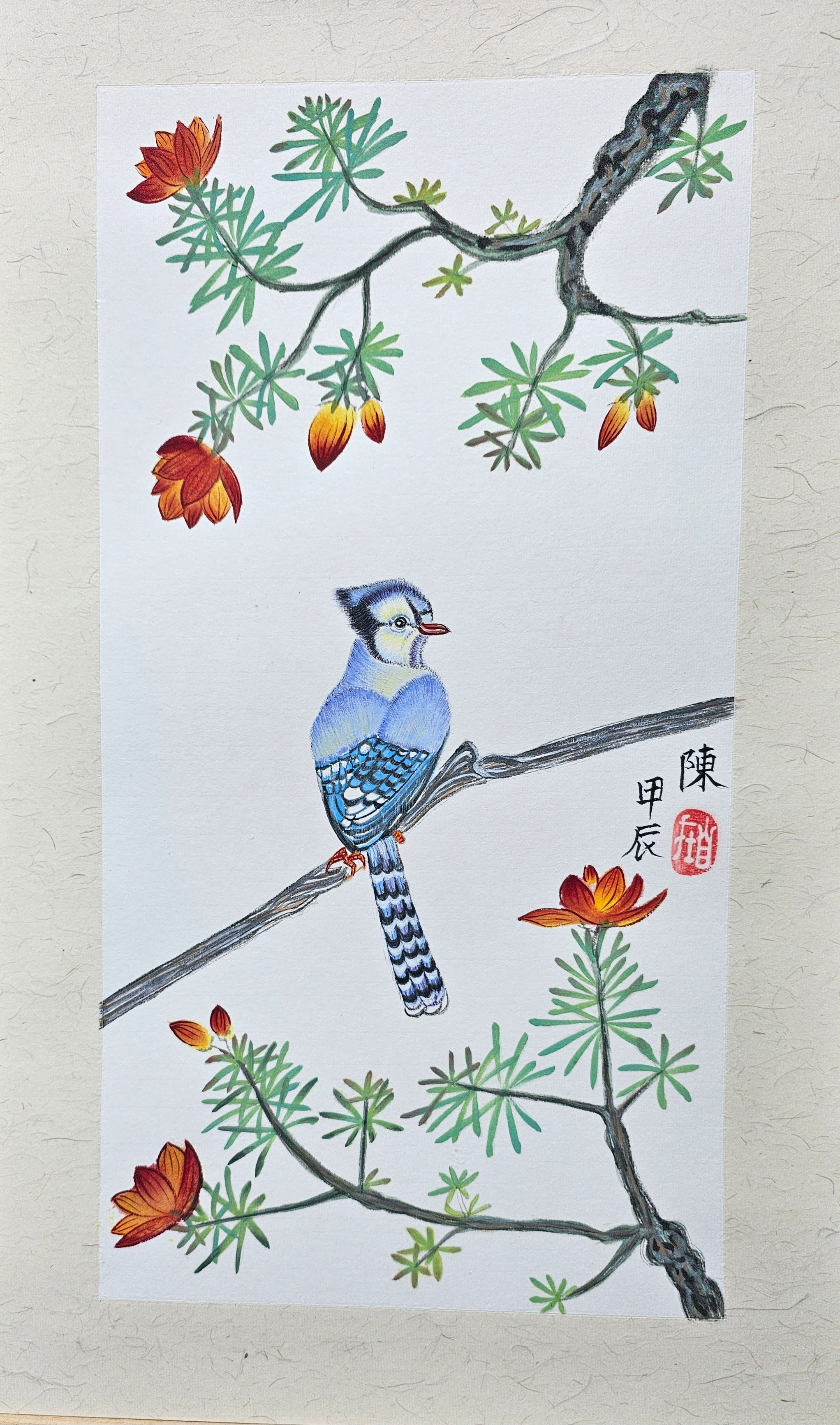 6. 松樹小鳥手繪原創花鳥水彩畫 藝術畫 裝飾畫 Pinetree Blue Bird Original Watercolor Painting Wall Painting Wall Decoration